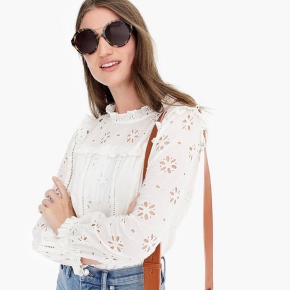 J.Crew ruffle neck long Sleeve eyelet top - white